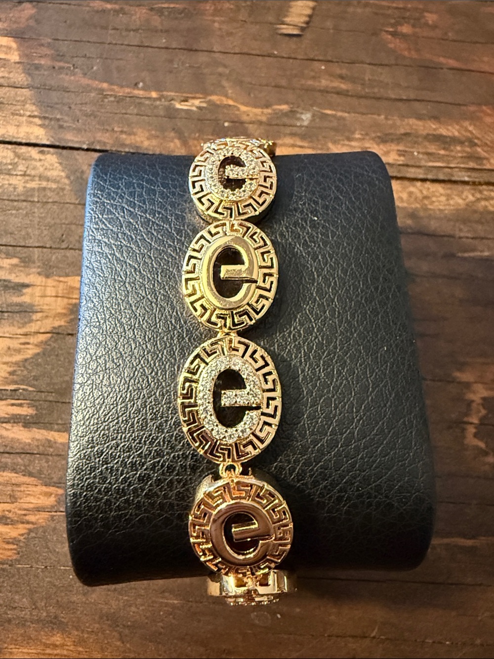 Gold Plated Medallion Greek Key Link Bracelet with Rhinestones